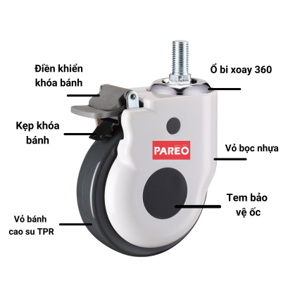 B&aacute;nh xe đẩy y tế, b&aacute;nh xe giường bệnh, b&aacute;nh xe đẩy TPR cọc v&iacute;t xoay 75mm - Pareo