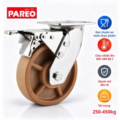 Bánh xe đẩy chịu nhiệt 280°C đế xoay khóa kép