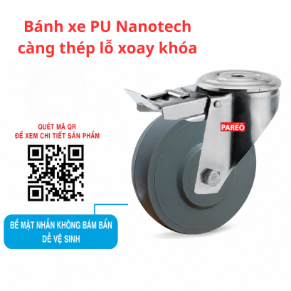 B&aacute;nh xe đẩy PU c&agrave;ng th&eacute;p lỗ xoay c&oacute; kh&oacute;a, b&aacute;nh xe đẩy h&agrave;ng - Pareo