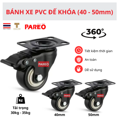 B&aacute;nh xe đẩy h&agrave;ng PVC m&agrave;u đen tải nhẹ xoay c&oacute; kh&oacute;a, xoay được 360 độ, 40mm, 50mm - PAREO