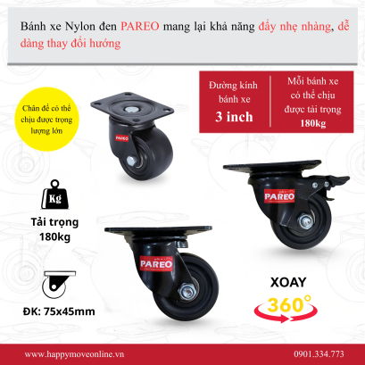 Bánh xe Nylon đen càng xoay khóa 75mm - PAREO