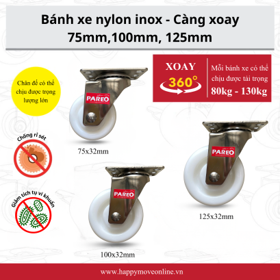 Bánh xe đẩy Nylon, Bánh xe PA càng inox 304 xoay 360 độ. Kích thước 75mm,100mm,125mm thương hiệu PAREO