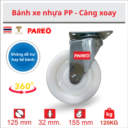 Bánh xe Nylon, bánh xe đẩy nhựa PP trắng càng thép xoay, cố định kích thước 125mm - Pareo