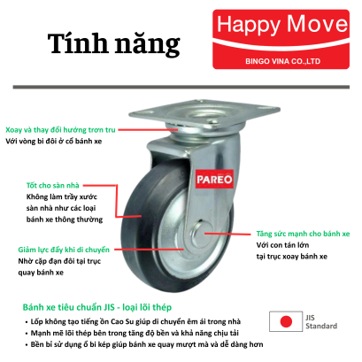 Bánh xe cao su đen Nhật Bản càng xoay - Pareo