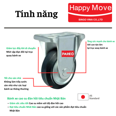 Bánh xe cao su đen càng cố định - Pareo
