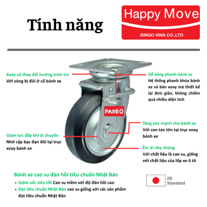 ฺBánh xe cao su đen càng xoay khóa - Pareo