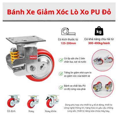 Bánh xe lò xo giảm xóc PU đỏ, bánh xe giảm chấn lò xo, bánh xe đẩy chống xóc, bánh xe giảm rung lò xo 125mm, 150mm, 200mm - Pareo