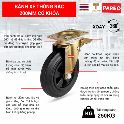 B&aacute;nh xe th&ugrave;ng r&aacute;c 660 L&iacute;t | B&aacute;nh xe th&ugrave;ng r&aacute;c 200mm | B&aacute;nh xe th&ugrave;ng r&aacute;c 8 inch xoay c&oacute; kh&oacute;a | Phụ kiện b&aacute;nh xe th&ugrave;ng r&aacute;c PAREO