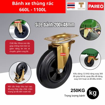 B&aacute;nh xe th&ugrave;ng r&aacute;c 660 L&iacute;t | B&aacute;nh xe th&ugrave;ng r&aacute;c 200mm | B&aacute;nh xe th&ugrave;ng r&aacute;c 8 inch xoay 360 độ | Phụ kiện b&aacute;nh xe th&ugrave;ng r&aacute;c PAREO