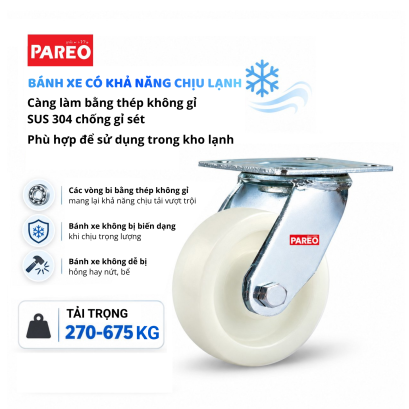 BÁNH XE ĐẨY NYLON CÀNG INOX 304 XOAY, BÁNH XE CHO NHÀ MÁY THỰC PHẨM, DƯỢC PHẨM,... - PAREO