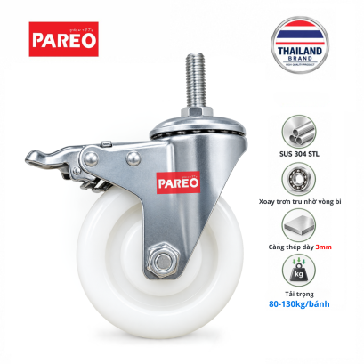 B&aacute;nh xe đẩy Nylon c&agrave;ng Inox 304 xoay c&oacute; kh&oacute;a | B&aacute;nh xe PA c&agrave;ng inox 304 kh&oacute;a 75mm,100mm. B&aacute;nh xe nylon với c&agrave;ng kh&oacute;a bằng th&eacute;p kh&ocirc;ng gỉ  304, chống gỉ s&eacute;t , b&aacute;nh xe cho nh&agrave; m&aacute;y thực phẩm, dược phẩm,... - Pareo