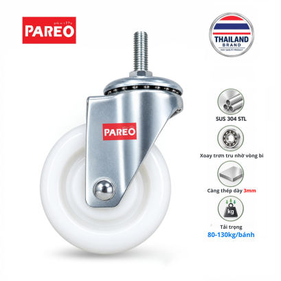 B&aacute;nh xe đẩy Nylon c&agrave;ng Inox 304 xoay 360 độ | B&aacute;nh xe PA c&agrave;ng inox 304 xoay 75mm,100mm. B&aacute;nh xe nylon với c&agrave;ng xoay bằng th&eacute;p kh&ocirc;ng gỉ  304, chống gỉ s&eacute;t , b&aacute;nh xe cho nh&agrave; m&aacute;y thực phẩm, dược phẩm,... - Pareo