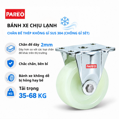 B&aacute;nh xe đẩy tải nhẹ Nylon c&agrave;ng inox 304 cố định, b&aacute;nh xe nh&agrave; m&aacute;y thực phẩm - Pareo
