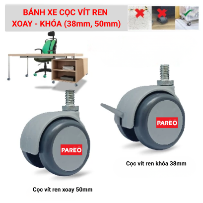 Bánh xe đôi cho đồ nội thất, đường kính 38 và 50mm, bánh xe cho ghế văn phòng có vít xoay, nắp bánh xe không thể tháo rời, thương hiệu PAREO