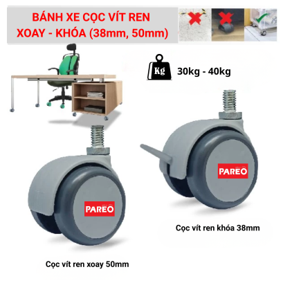 Bánh xe đôi cho đồ nội thất, đường kính 38 và 50mm, bánh xe cho ghế văn phòng có vít xoay, nắp bánh xe không thể tháo rời, thương hiệu PAREO