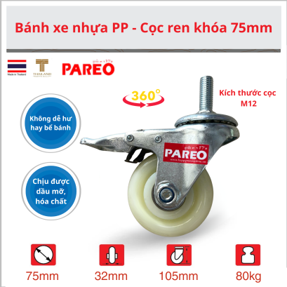 Bánh xe nylon cọc vít, bánh xe đẩy hàng nhựa PP trắng cọc vít M12, kích thước 75mm, 100mm- Pareo