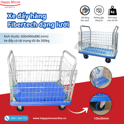 Xe đẩy hàng sàn nhựa lồng lưới thép 300kg - Happy Move