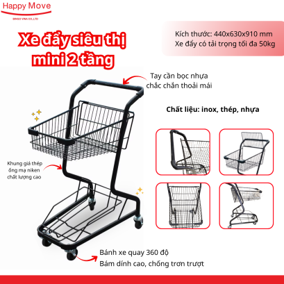 Xe đẩy si&ecirc;u thị mini 2 tầng m&agrave;u đen, xe đẩy nhỏ cho si&ecirc;u thị - Happy Move