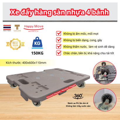 Xe đẩy dolly,Xe đẩy hàng sàn nhựa không tay - Happy Move