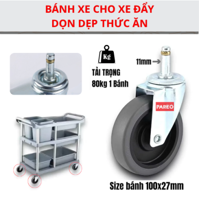 Bánh xe chuyên dụng cho xe đẩy thức ăn 3 tầng và xe dọn bát đĩa nhà hàng, khách sạn, bánh xe đẩy TPR cao su xám, bánh xoay 360 độ - Pareo