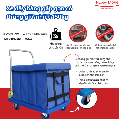 Xe đẩy hàng gấp gọn có thùng giữ nhiệt 150kg - Happy Move