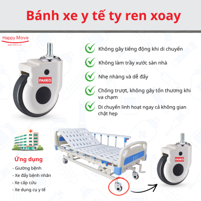 B&aacute;nh xe y tế, b&aacute;nh xe giường bệnh, b&aacute;nh xe đẩy TPR cọc v&iacute;t xoay 75mm, 100mm, 125mm - Pareo