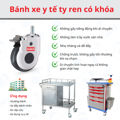 B&aacute;nh xe y tế, b&aacute;nh xe giường bệnh, b&aacute;nh xe TPR cọc v&iacute;t xoay 75mm, 100mm, 125mm - Pareo