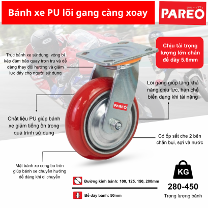 B&aacute;nh xe xoay polyurethane l&otilde;i gang c&agrave;ng th&eacute;p mặt cong 2 inch, tải trọng 280-450 kg | B&aacute;nh xe c&ocirc;ng nghiệp hạng nặng, PAREO