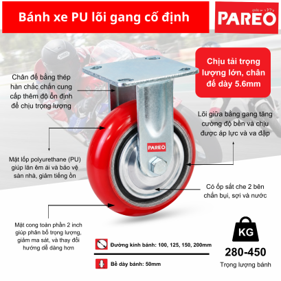 B&aacute;nh xe cố định polyurethane l&otilde;i gang c&agrave;ng th&eacute;p mặt cong 2 inch, tải trọng 280-450 kg | B&aacute;nh xe c&ocirc;ng nghiệp hạng nặng, PAREO