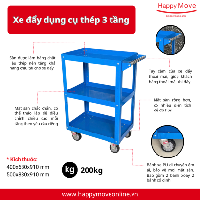 Xe đẩy dụng cụ thép 3 tầng size M 200kg, xe đẩy 3 tầng thép - Happy Move
