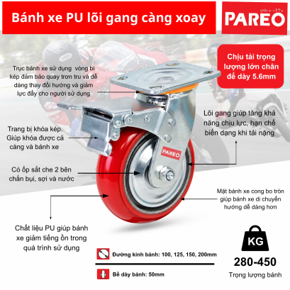 Bánh xe đẩy xoay khóa PU lõi gang càng thép mặt cong 2 inch, tải trọng 280-450 kg | Bánh xe công nghiệp hạng nặng, PAREO