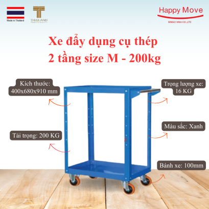 Xe đẩy dụng cụ th&eacute;p 2 tầng size M 200kg, xe đẩy 3 tầng th&eacute;p - Happy Move