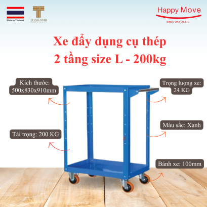 Xe đẩy dụng cụ th&eacute;p 2 tầng size L 200kg, xe đẩy 3 tầng th&eacute;p - Happy Move