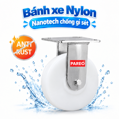 B&aacute;nh xe đẩy Nylon c&agrave;ng Inox 304 cố định, b&aacute;nh xe cho nh&agrave; m&aacute;y thực phẩm, dược phẩm,... - Pareo