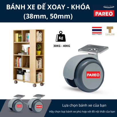 Bánh xe đồ nội thất 38, 50mm, bánh xe bàn, bánh xe tủ, bánh xe giường, bánh xe ghế văn phòng, đế xoay, nắp bánh xe không thể tháo rời, thương hiệu PAREO