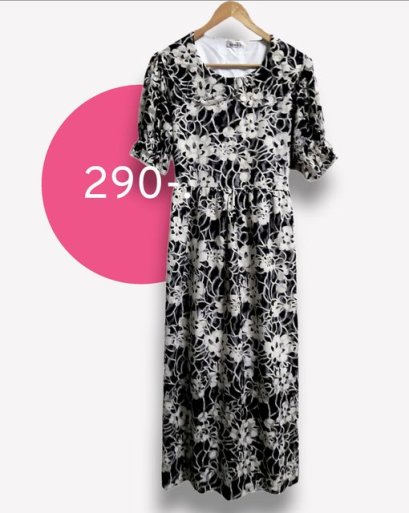 เดรสลูกไม้คอบัว ลายดอกสีดำ