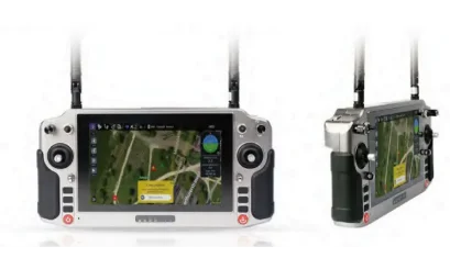 White and black handheld integrated ground station with map background screen with antenna