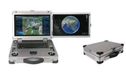 Light grey dual screen ground station with earth globe and maps inside 