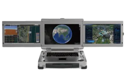 Three screen ground station with earth maps and globe image inside