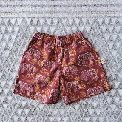 เด็กชาย-หญิง กางเกงเอวยางยืด มีกระเป๋าล้วงข้าง 100%คอตตอนพิมพ์ลายช้างสีน้ำตาลแดง