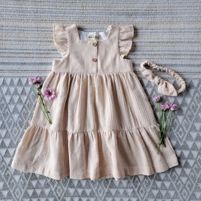 FLUTTER SLEEVES BUTTONS FRONT POLKADOT CREAM DRESS  100 % COTTON *HEADBAND NOT INCLUDED