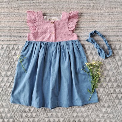 FLUTTER SLEEVES TWO TONE PINK LACE MIX WITH DENIM  100 % COTTON *HEADBAND NOT INCLUDED