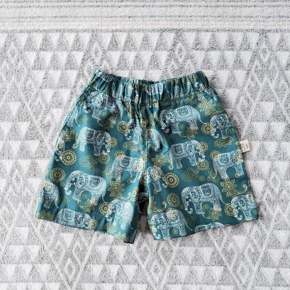 เด็กชาย-หญิง กางเกงเอวยางยืด มีกระเป๋าล้วงข้าง 100%คอตตอนพิมพ์ลายช้างสีเขียว