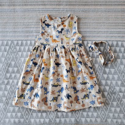 DINO SLEEVELESS BUTTONS BACK DRESS 100% PRINTED COTTON*HEADBAND NOT INCLUDED