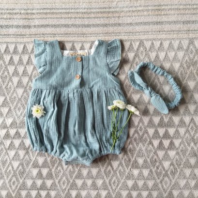 FLUTTER SLEEVES TEAL BLUE ROMPER 100% COTTON*HEADBAND NOT INCLUDED