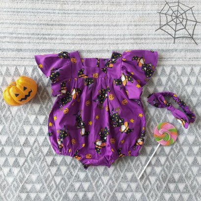 HALLOWEEN BUTTERFLY SLEEVES BUTTONS BACK ROMPER 100% PRINTED COTTON*HEADBAND NOT INCLUDED * PRE-ORDER SHIP OUT 15-16 OCT