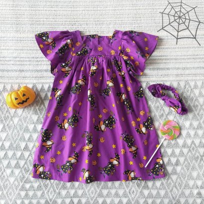 HALLOWEEN BUTTERFLY SLEEVES BUTTONS BACK DRESS  100% PRINTED COTTON*HEADBAND NOT INCLUDED * PRE-ORDER SHIP OUT 1 OCT