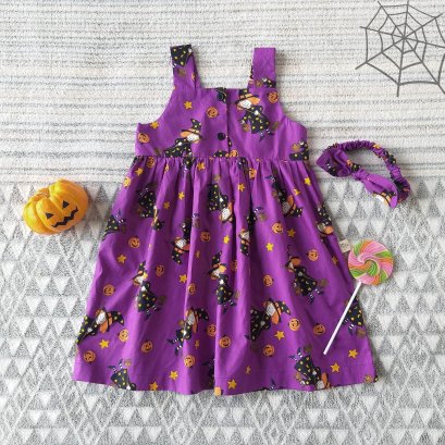 HALLOWEEN BUTTONS BACK TO FRONT DRESS  100% PRINTED COTTON*HEADBAND NOT INCLUDED * PRE-ORDER SHIP OUT 1 OCT
