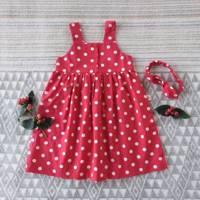 BUTTONS BACK TO FRONT RED POLKADOT DRESS 100% PRINTED COTTON *HEADBAND NOT INCLUDED
