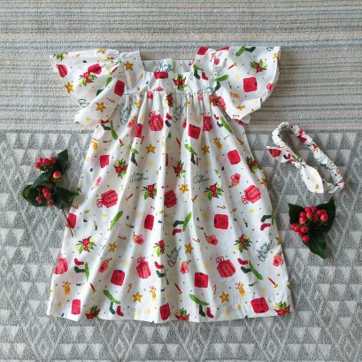 XMAS WHITE BUTTERFLY SLEEVES BUTTONS BACK DRESS 100% PRINTED COTTON*HEADBAND NOT INCLUDED